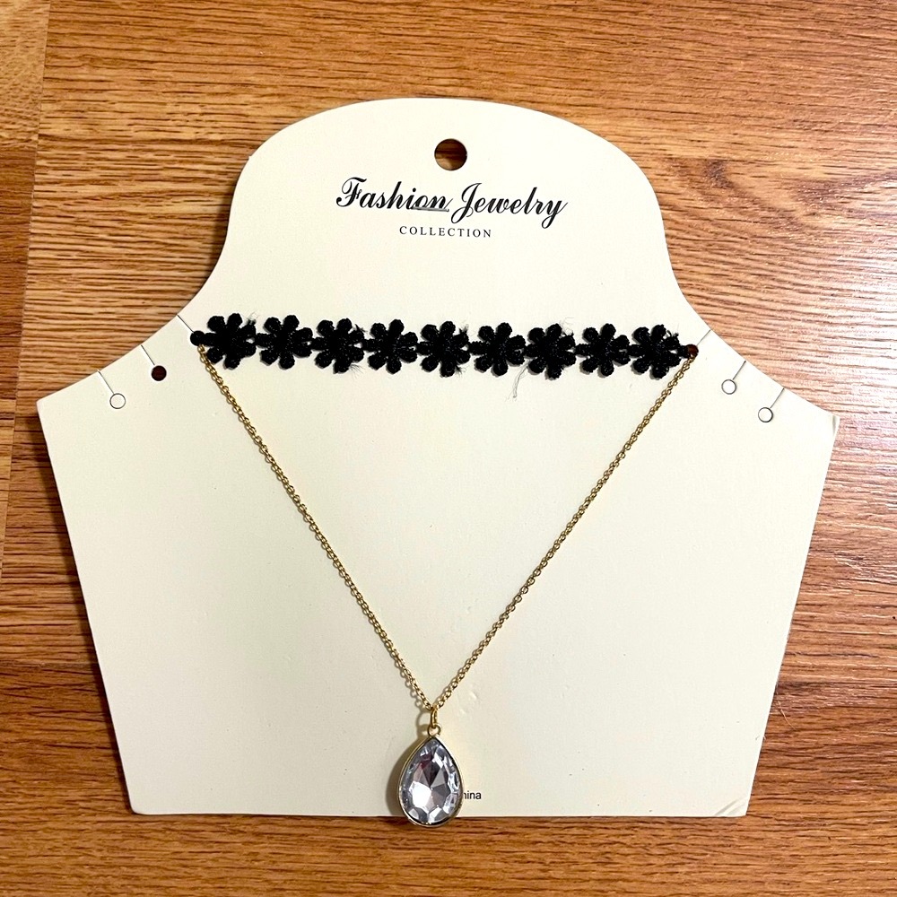 Black Floral Choker and Gold Necklace Set